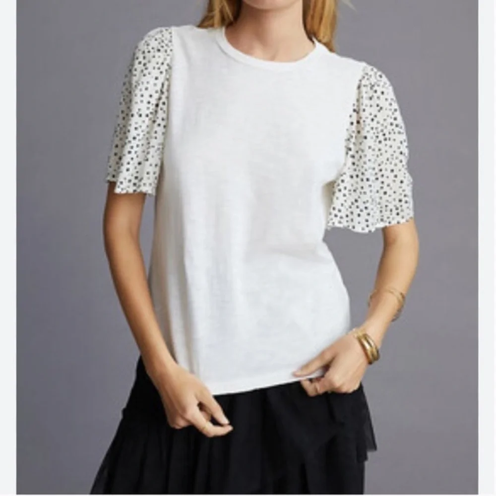 Anthropologie T.La White Top with Black Polka Dot Sleeves Size L